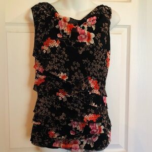 Blouse Black Ruffle Layered Front Floral Print In Corel Pink Gray White Size S